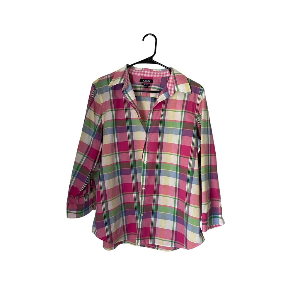Chaps no iron preppy plaid button down spring pink collared classic- size XL